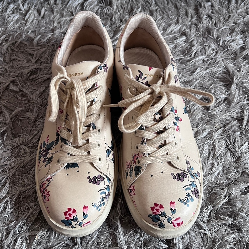 Tory Burch Cream Floral Lace-Up Sneakers
